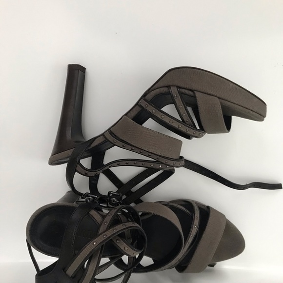 Jcrew Linen Army Green strapping heel with studs. - Picture 3 of 5